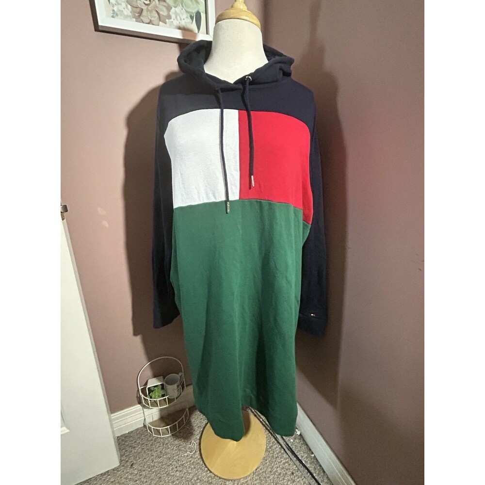 Tommy Hilfiger Hooded T Shirt Dress Womens 1X Color Block Green Blue Red White